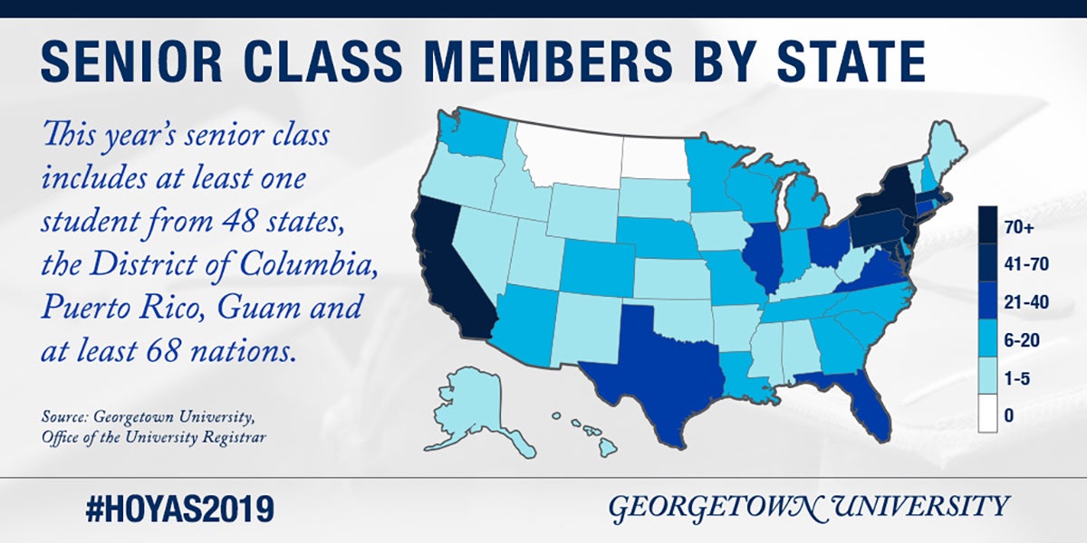 Infographic with map showing at least one graduating senior from 48 states, the District of Columbia, Puerto Rico and Guam and at least one from 68 nations.